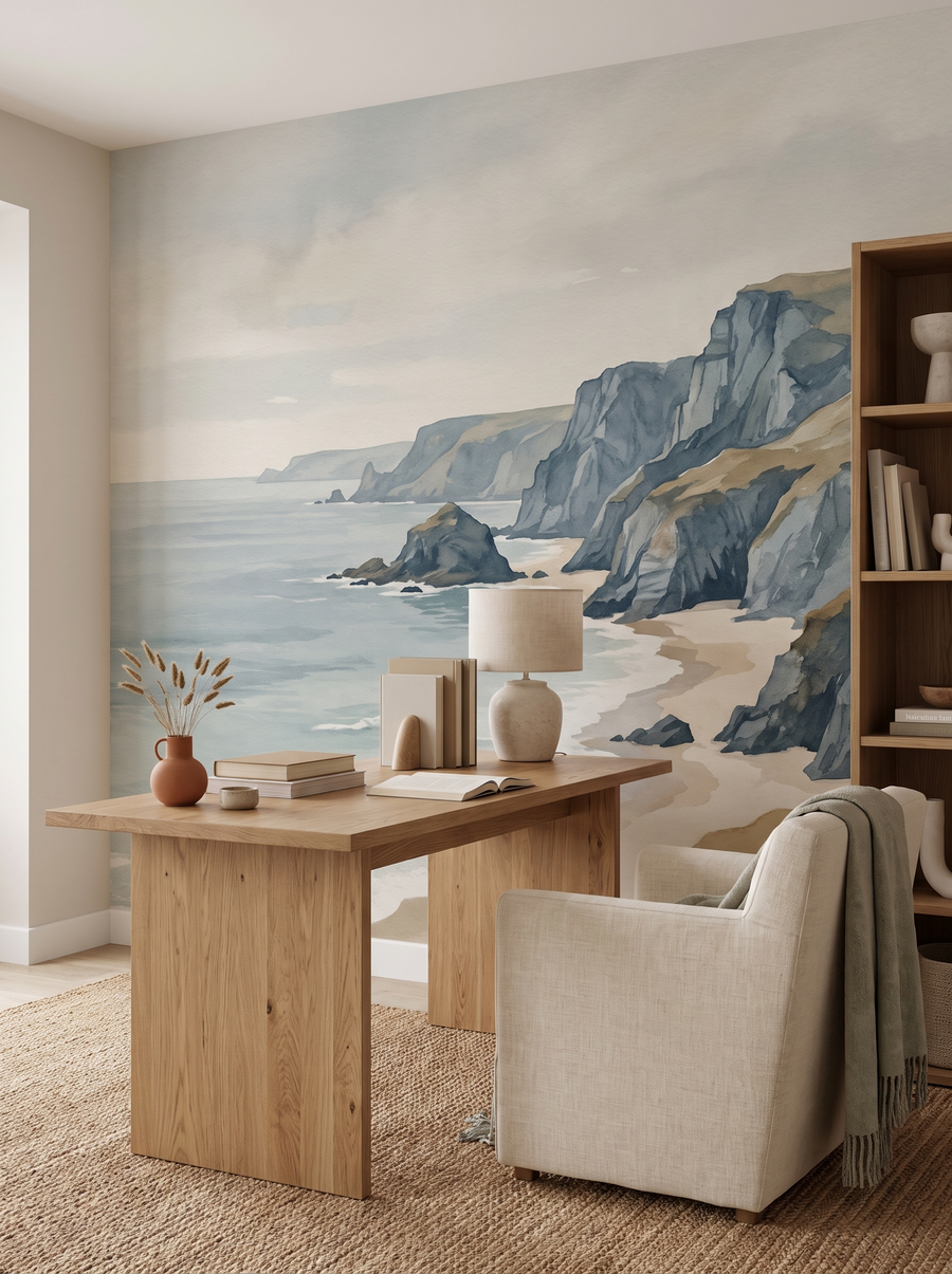 Bureau avec papier peint bord de mer