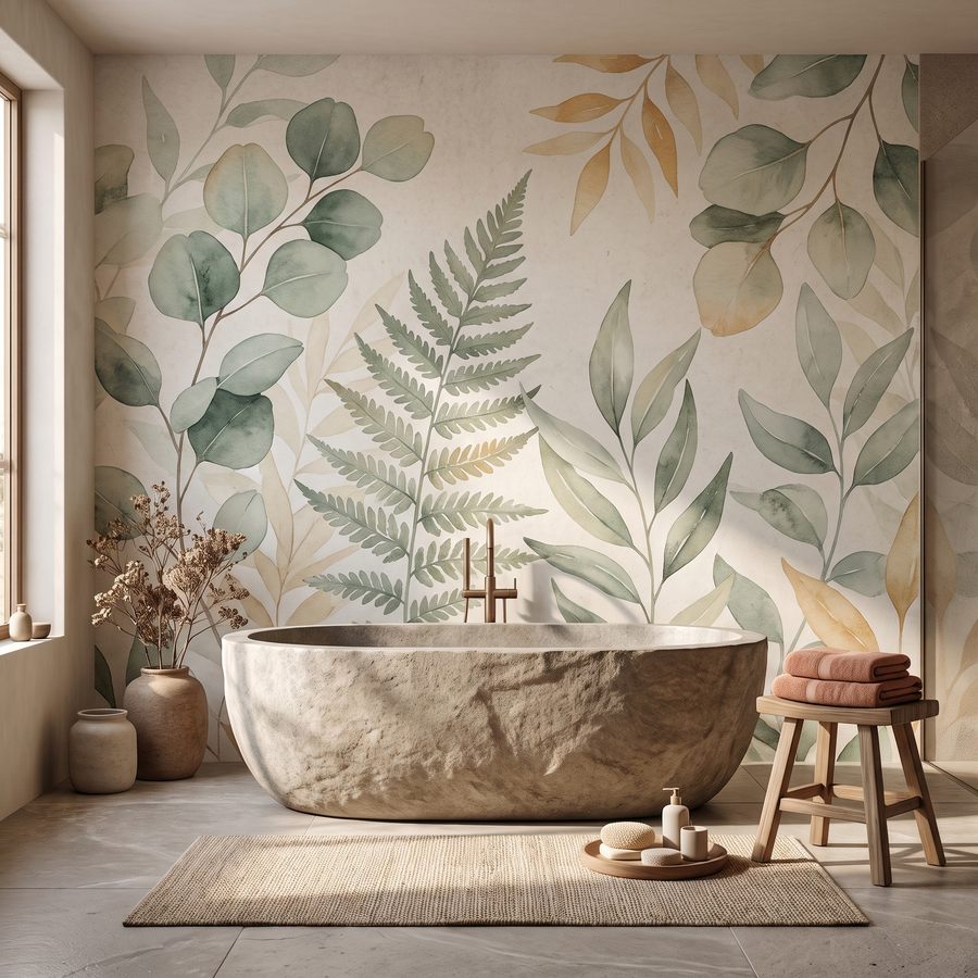 Salle de bain avec papier peint botanique