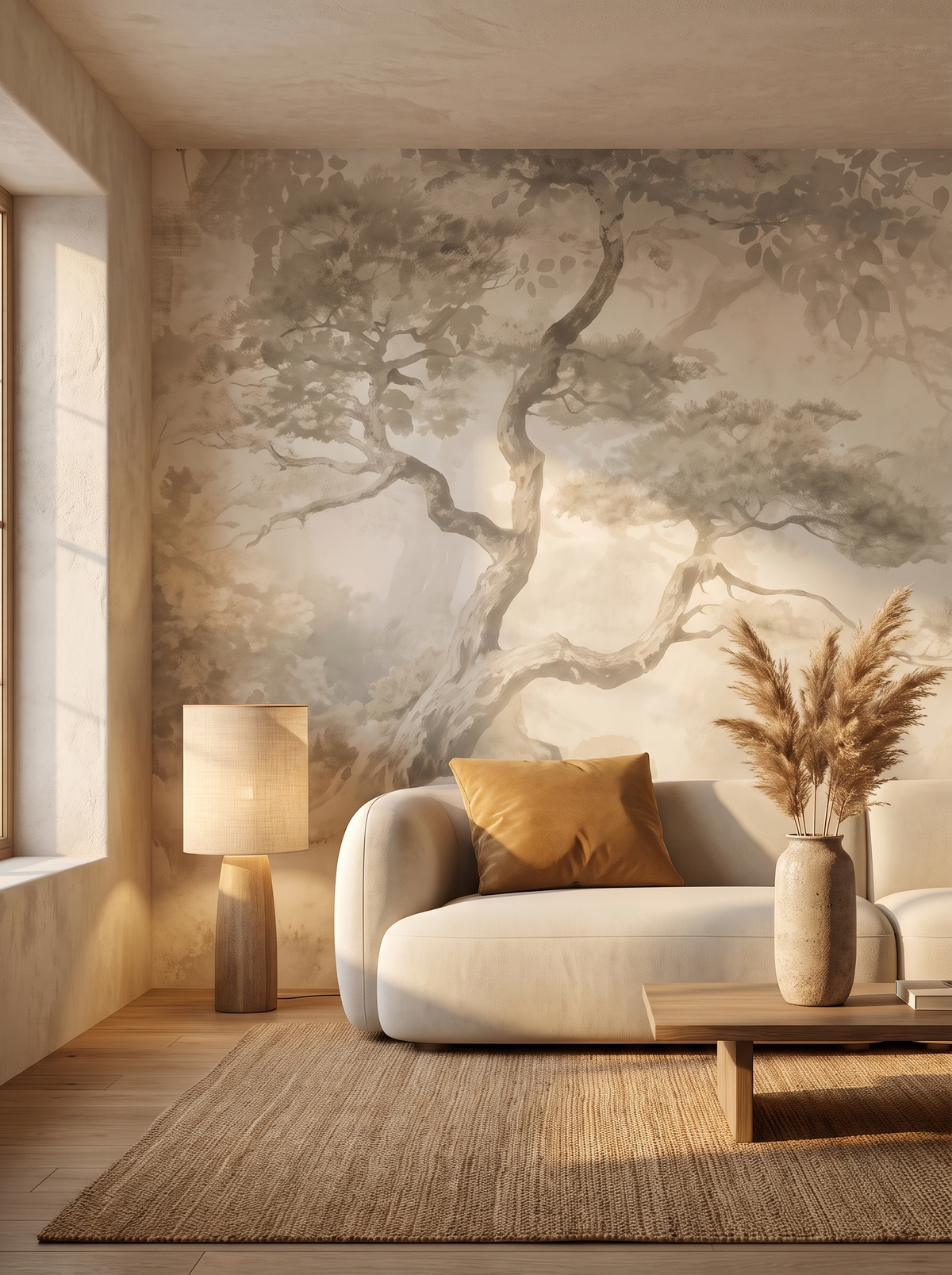Salon avec papier peint arbre