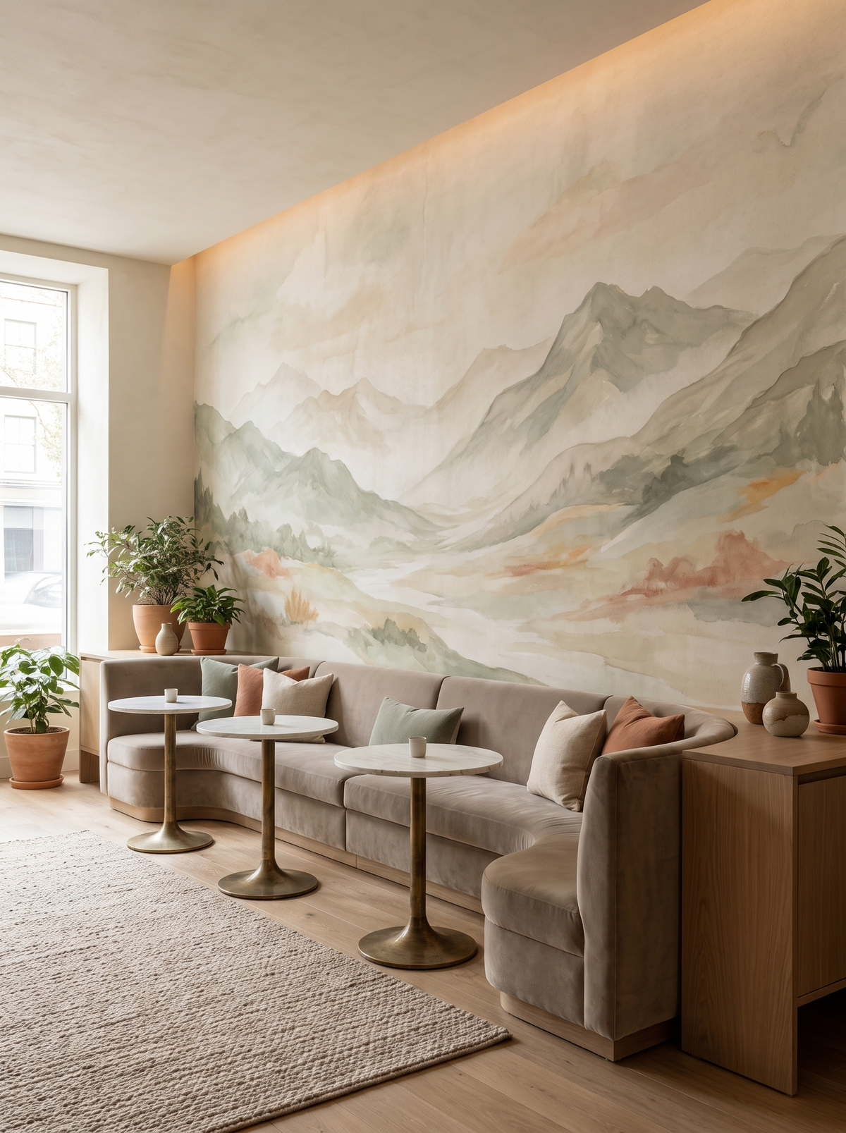 Lounge d hôtel avec papier peint montagnes