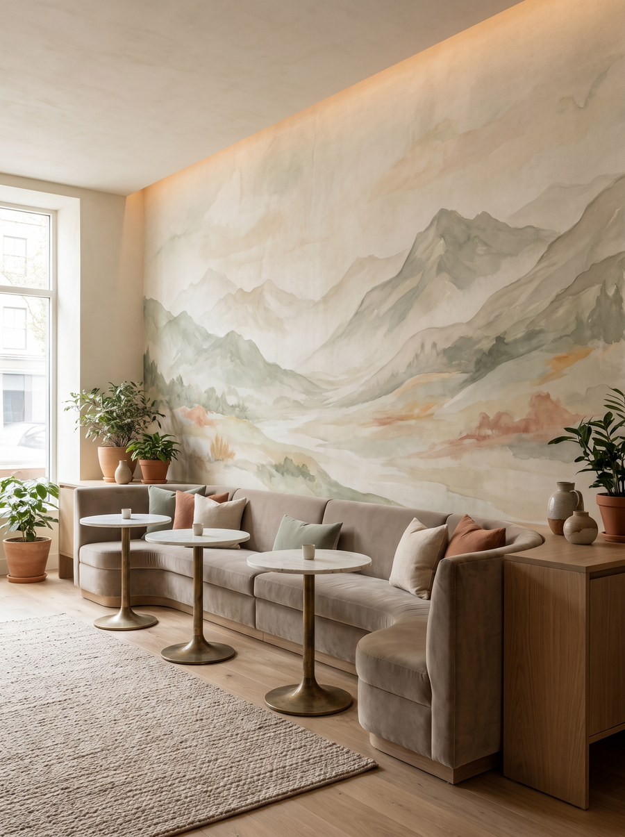 Lounge d hôtel avec papier peint montagnes