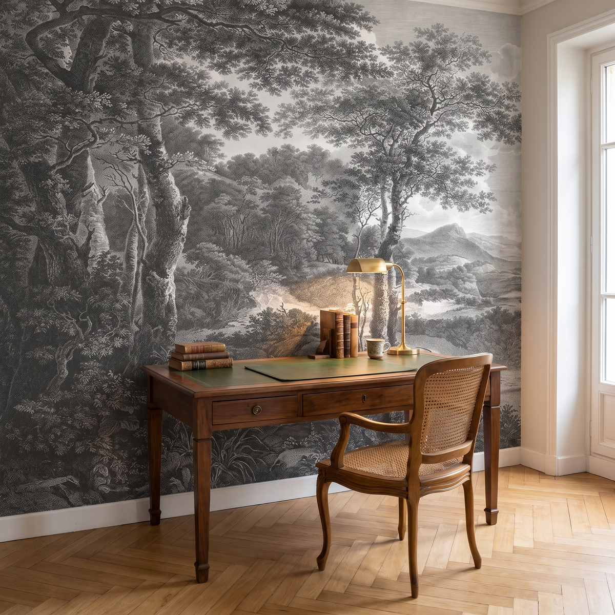 Papier peint panoramique Forêt gravée, noir et blanc posé du sol au plafond dans un bureau
