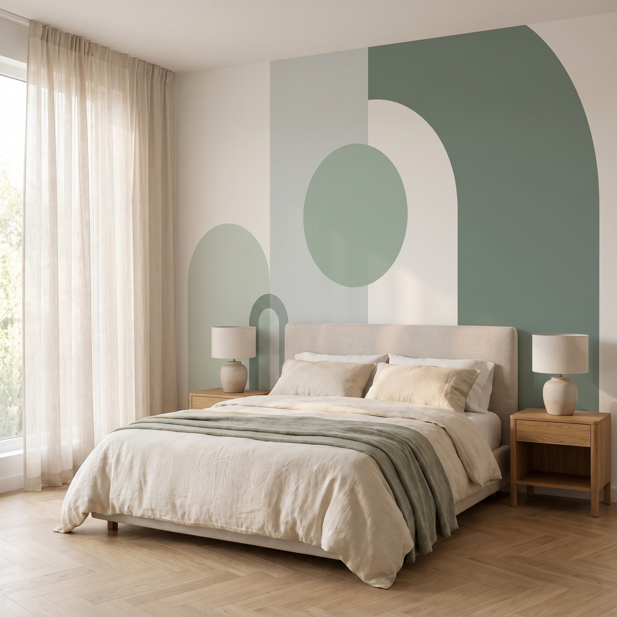 Papier peint panoramique Arches, vert sauge posé du sol au plafond dans une chambre