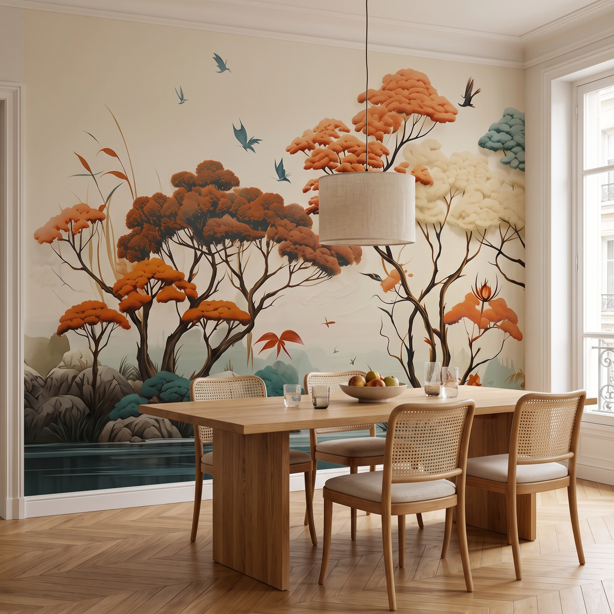 Papier peint panoramique Arbres d'automne, terre cuite posé du sol au plafond dans une salle à manger