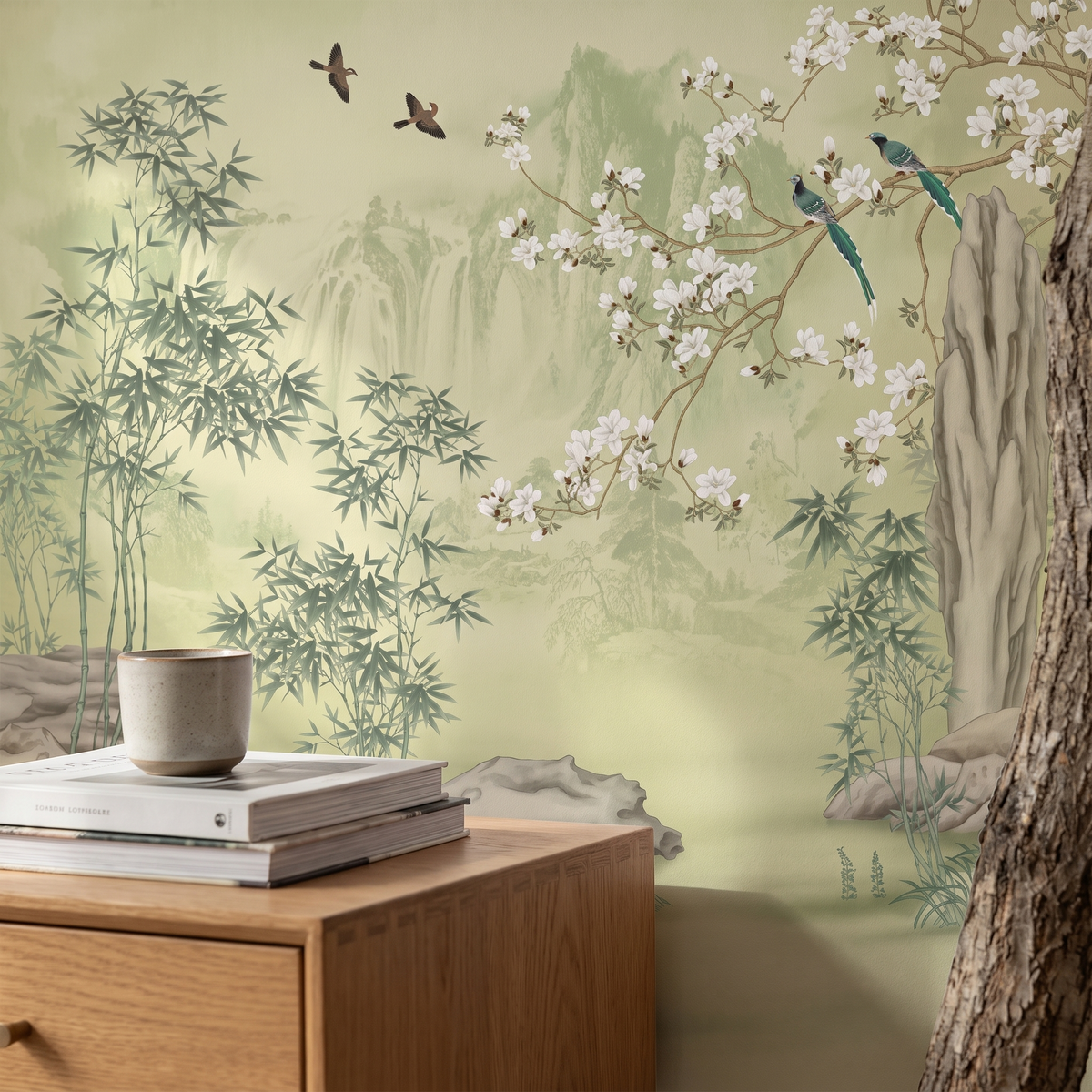 Détail du papier peint panoramique Bambous et magnolias, vert d'eau, matière intissée mate