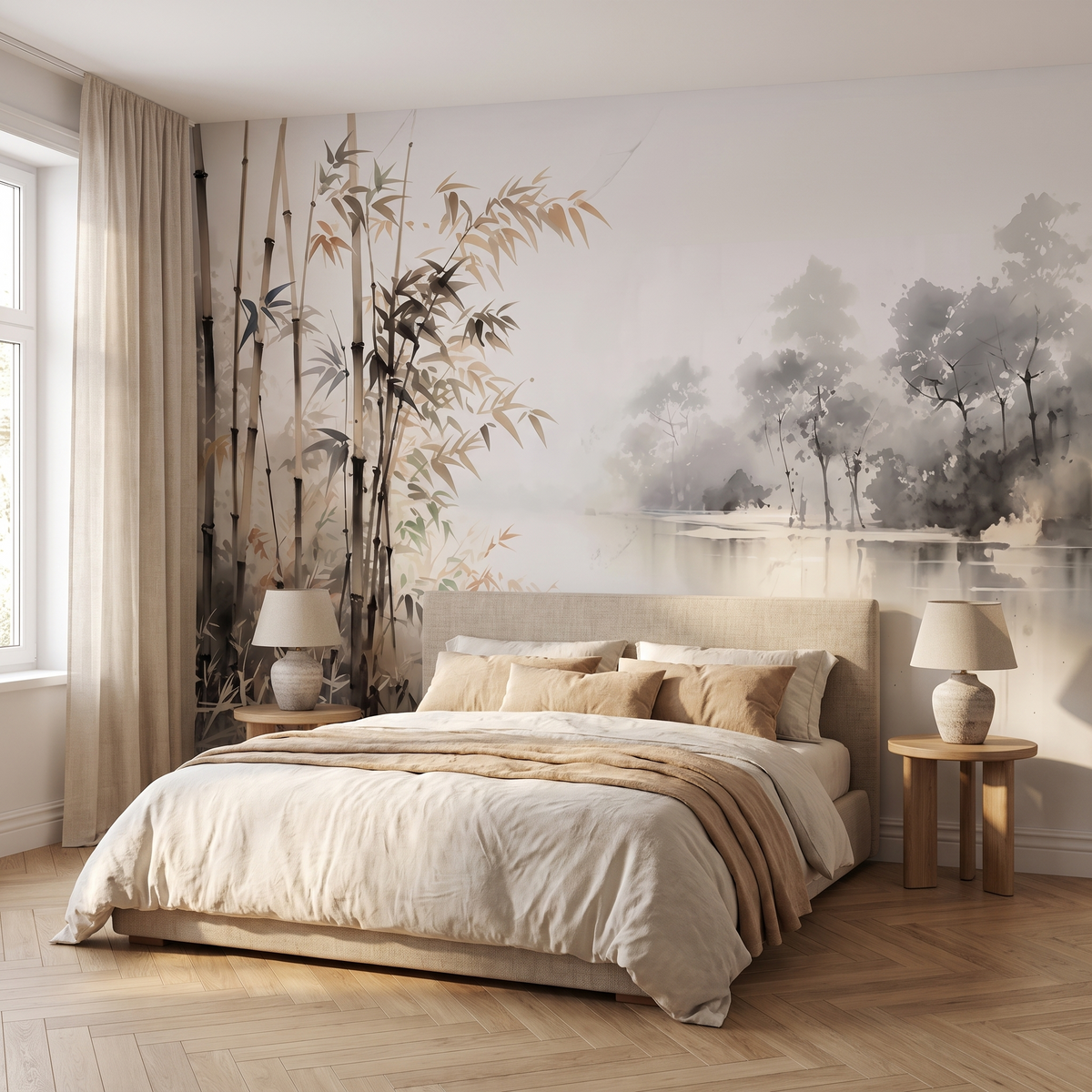 Papier peint panoramique Bambous et lac, gris perle posé du sol au plafond dans une chambre