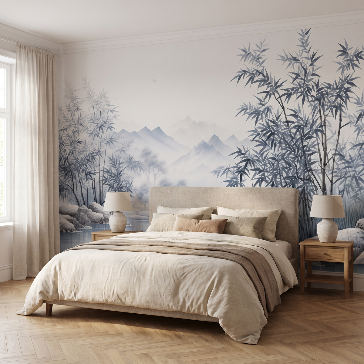Papier peint panoramique Bambous et montagnes, gris bleuté posé du sol au plafond dans une chambre