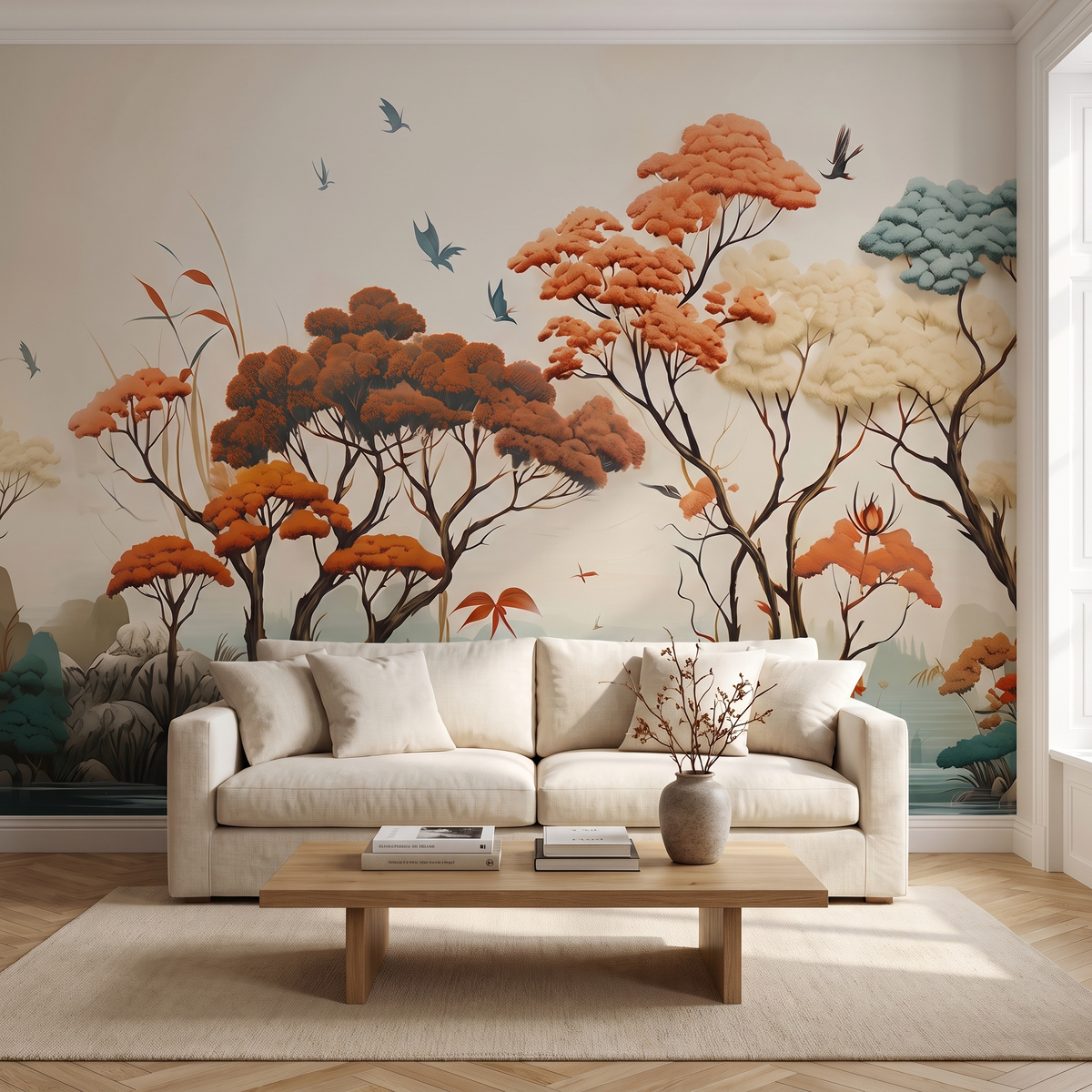 Papier peint panoramique Arbres d'automne, terre cuite posé du sol au plafond dans un salon