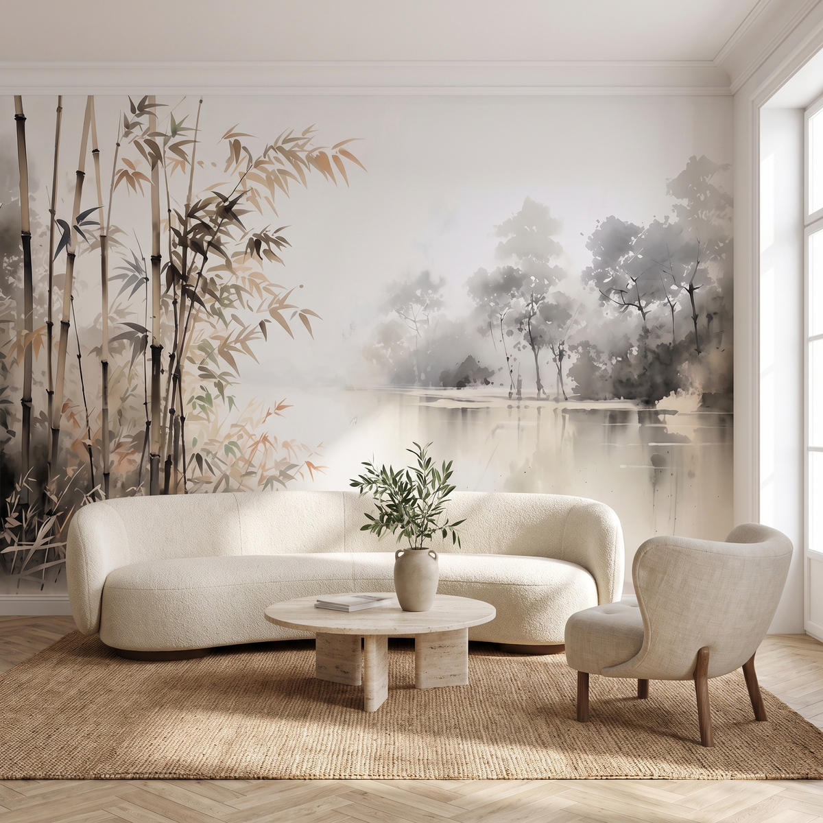 Papier peint panoramique Bambous et lac, gris perle posé du sol au plafond dans un salon