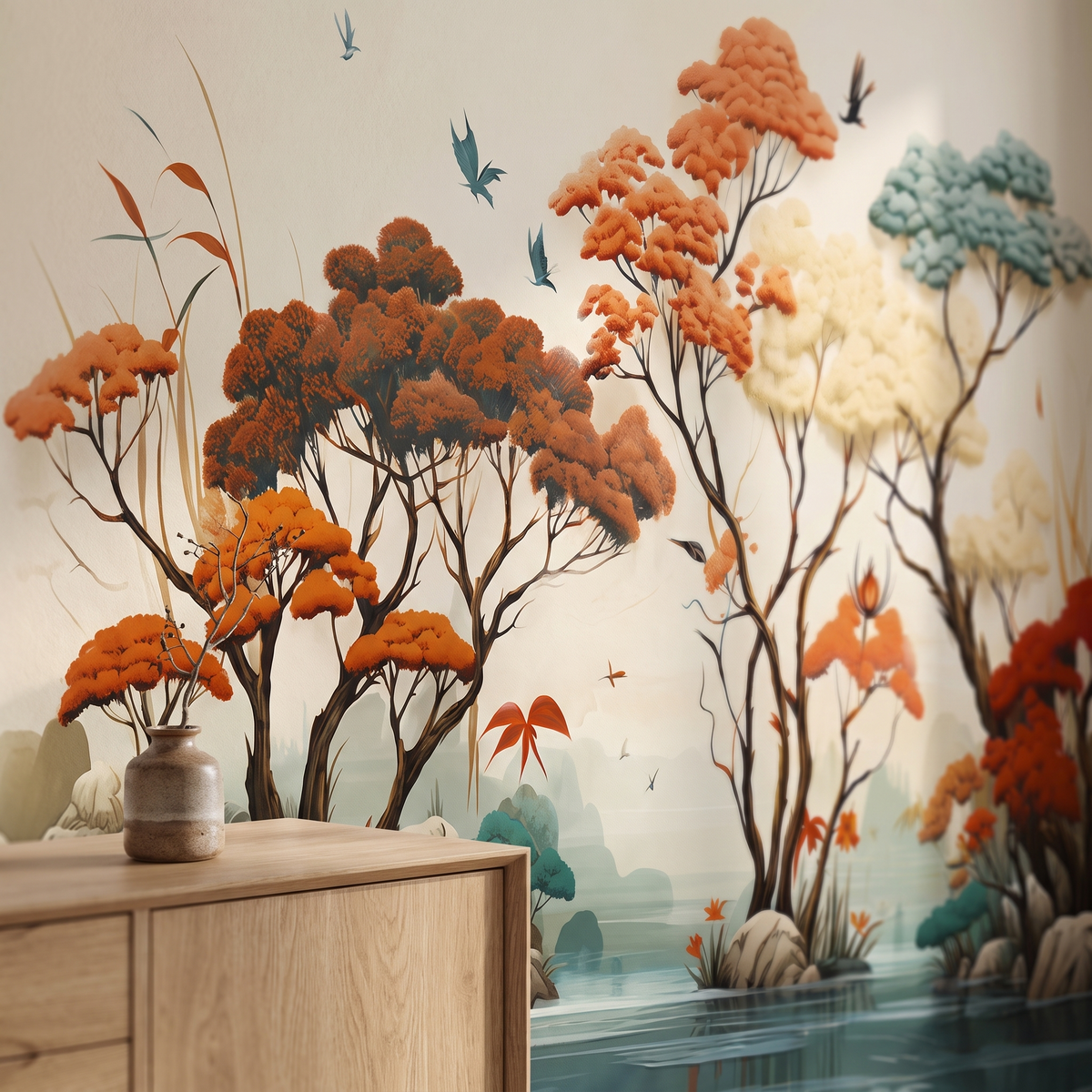Détail du papier peint panoramique Arbres d'automne, terre cuite, matière intissée mate