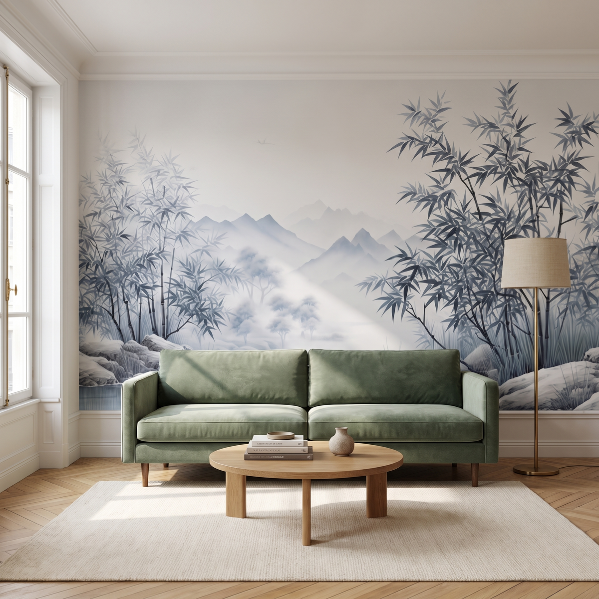 Papier peint panoramique Bambous et montagnes, gris bleuté posé du sol au plafond dans un salon
