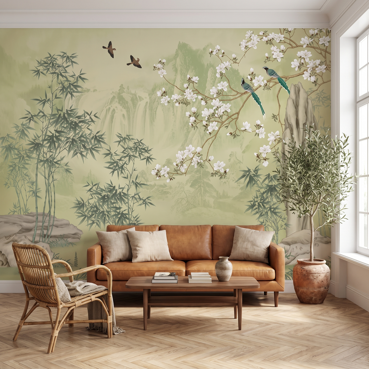 Papier peint panoramique Bambous et magnolias, vert d'eau posé du sol au plafond dans un salon