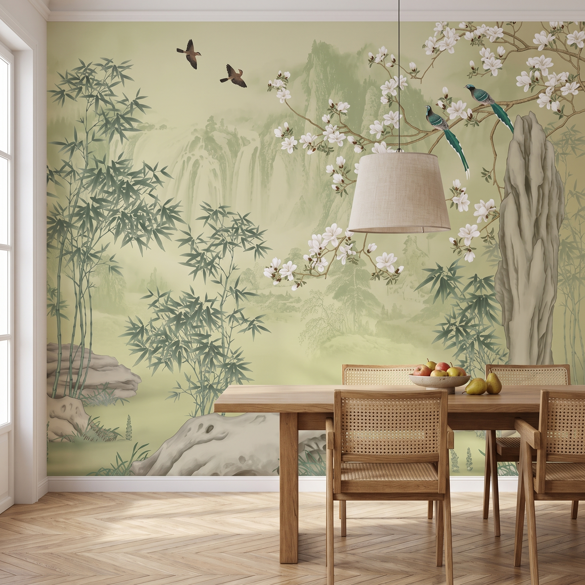 Papier peint panoramique Bambous et magnolias, vert d'eau posé du sol au plafond dans une salle à manger