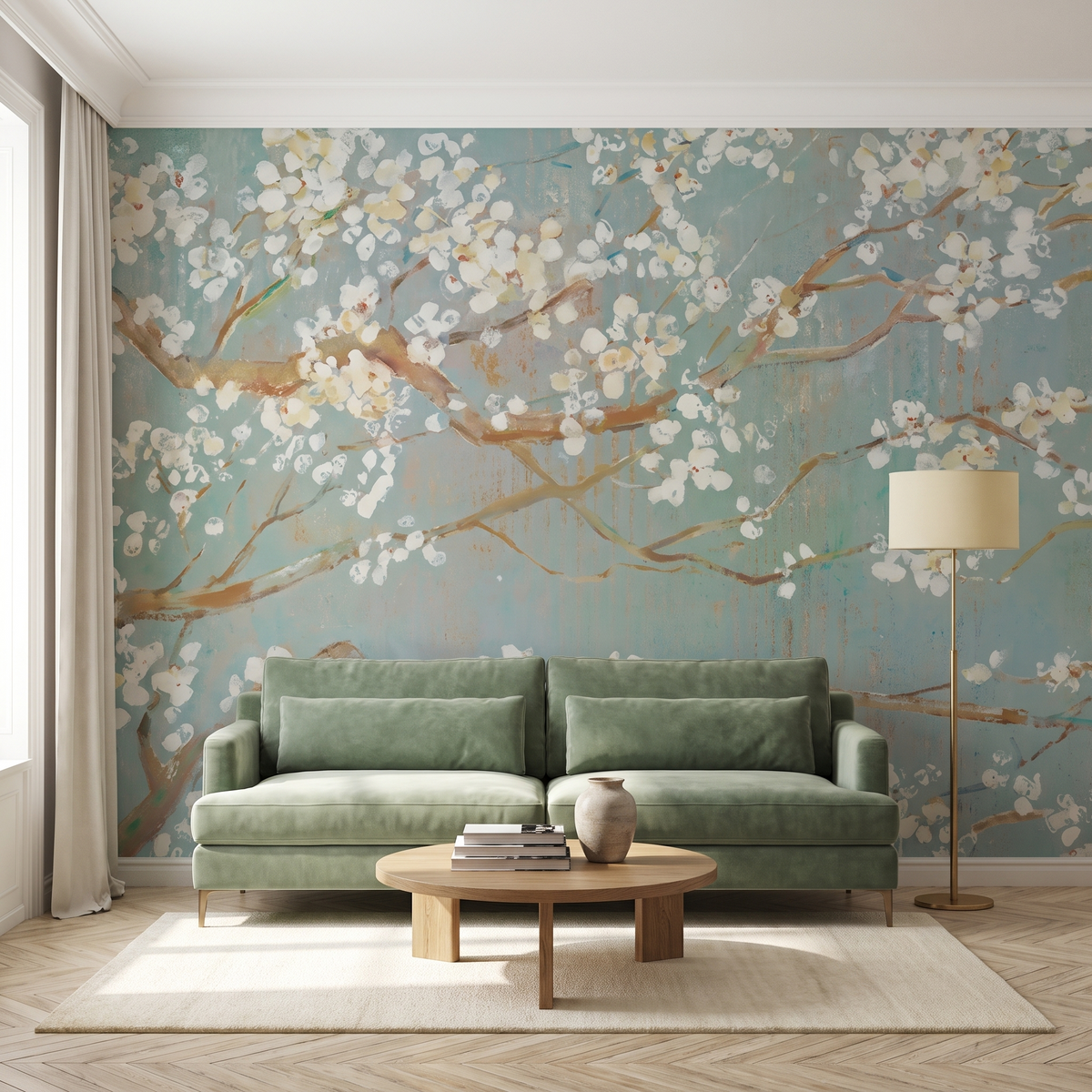 Papier peint panoramique Branches en fleurs, céladon posé du sol au plafond dans un salon