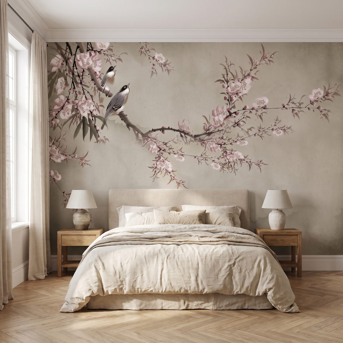 Papier peint panoramique Branche de cerisier, gris chaud posé du sol au plafond dans une chambre