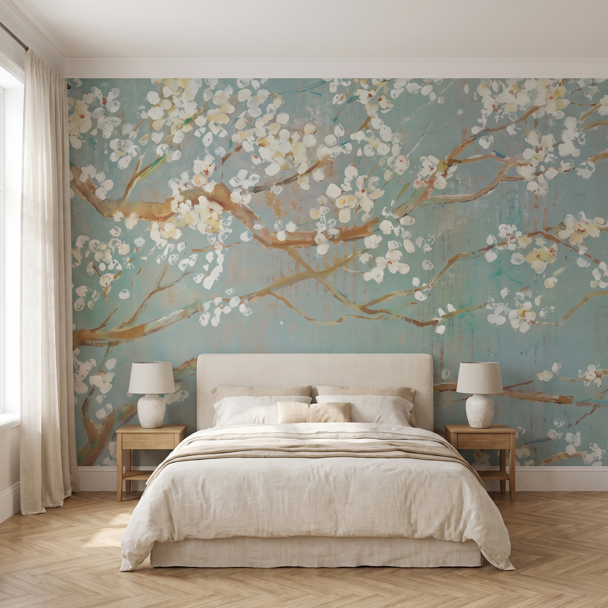 Papier peint panoramique Branches en fleurs, céladon posé du sol au plafond dans une chambre