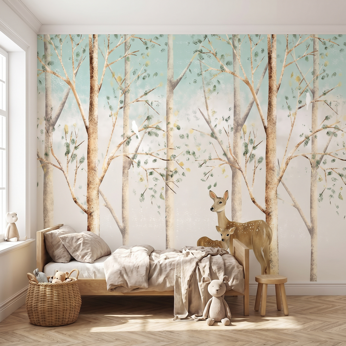 Papier peint panoramique Bouleaux et biches, sable posé du sol au plafond dans une chambre d’enfant