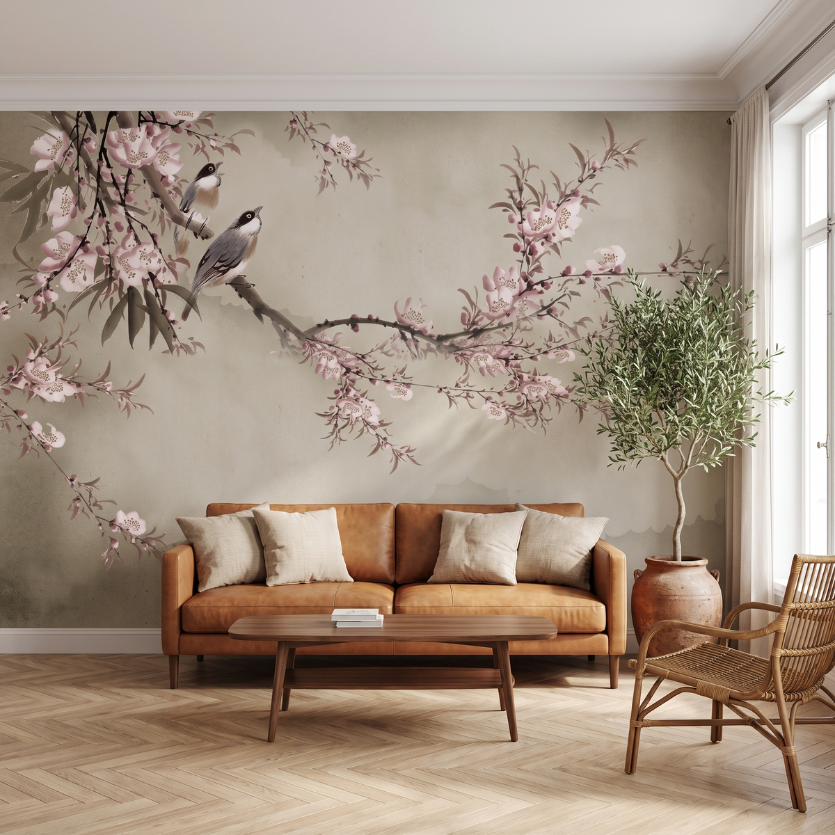 Papier peint panoramique Branche de cerisier, gris chaud posé du sol au plafond dans un salon