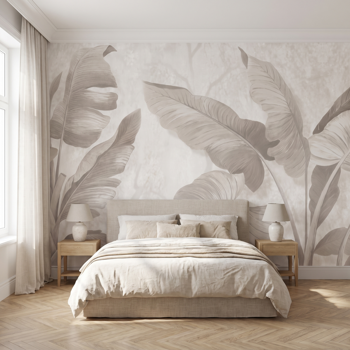 Papier peint panoramique Bananiers ton sur ton, crème posé du sol au plafond dans une chambre