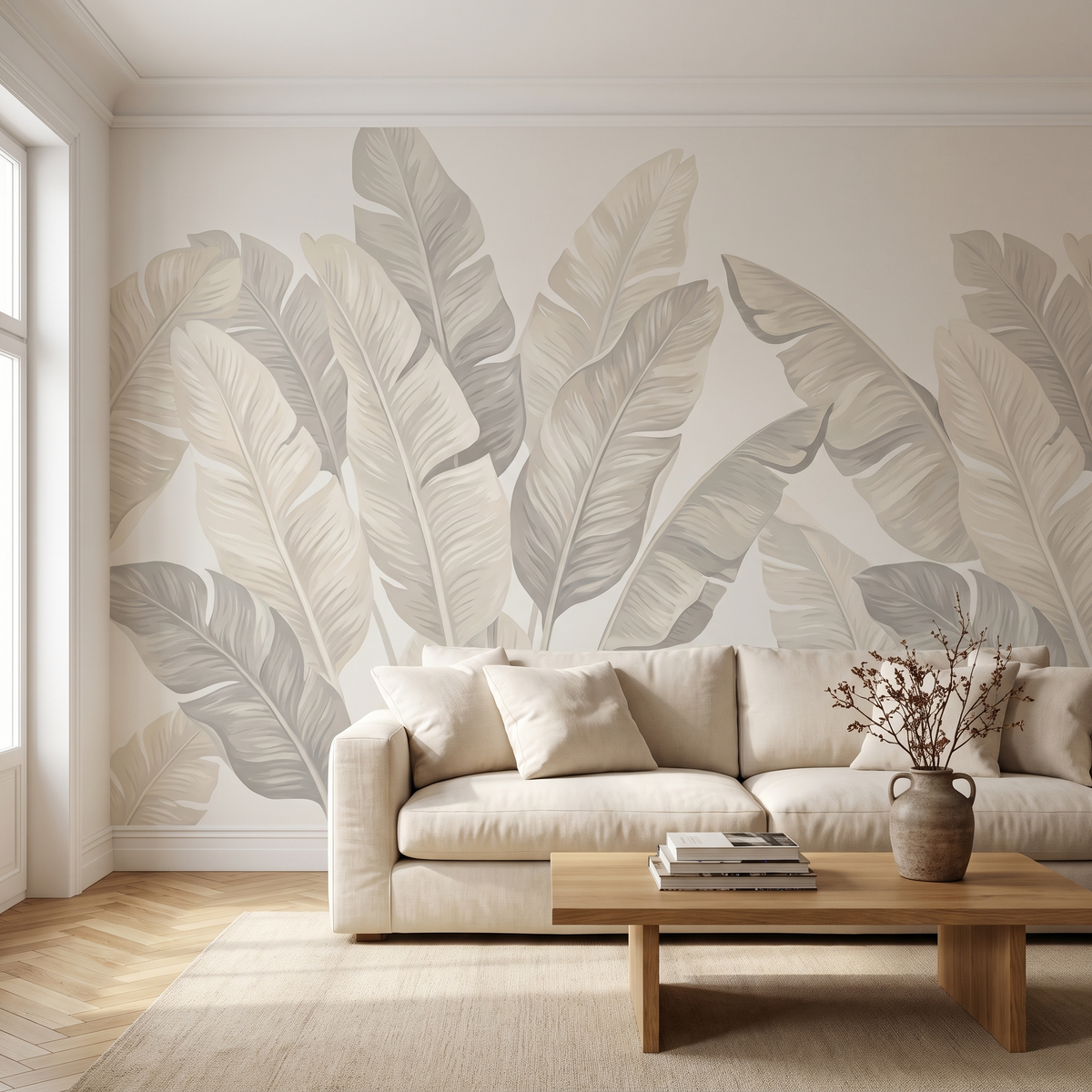 Papier peint panoramique Bananiers ton sur ton, crème posé du sol au plafond dans un salon