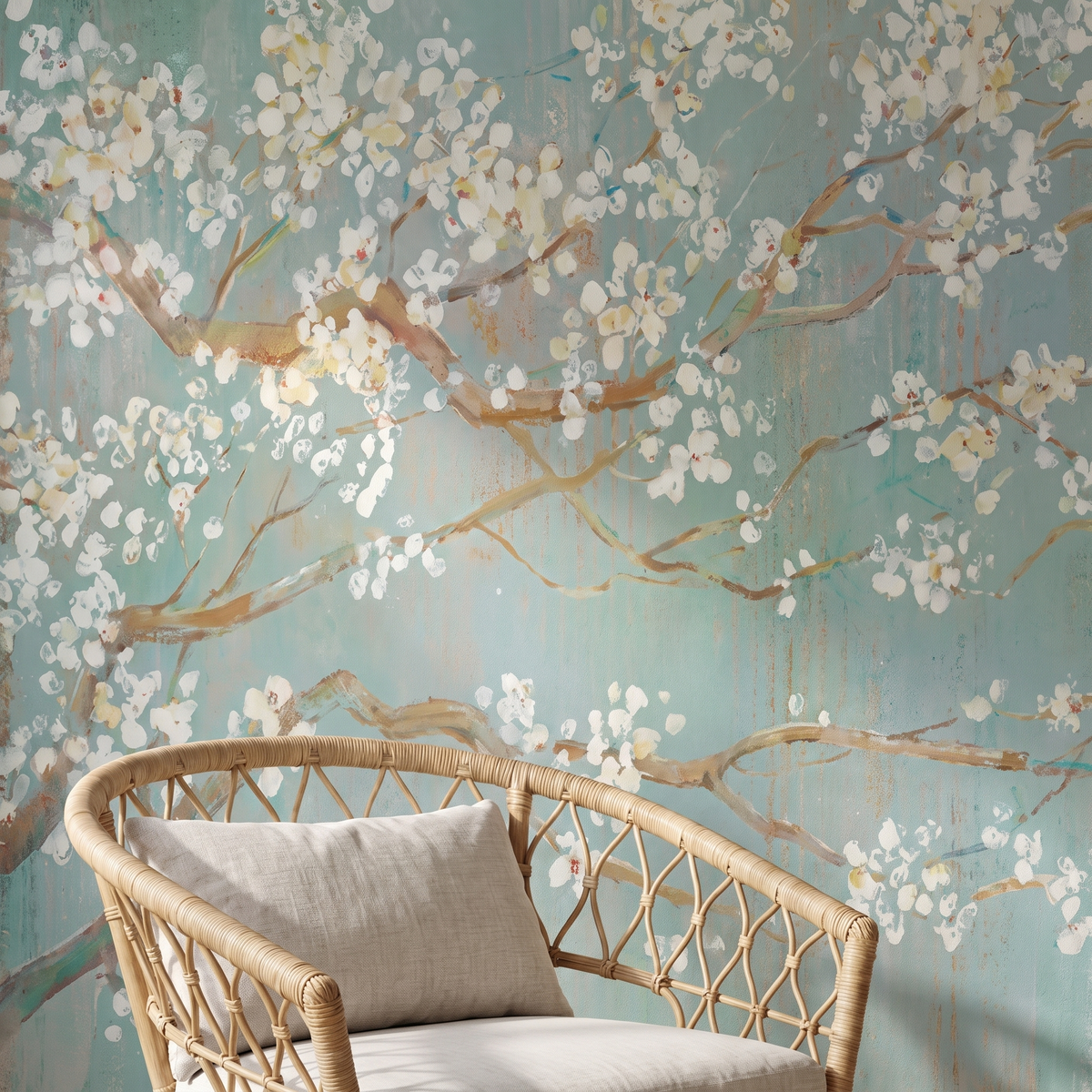 Détail du papier peint panoramique Branches en fleurs, céladon, matière intissée mate