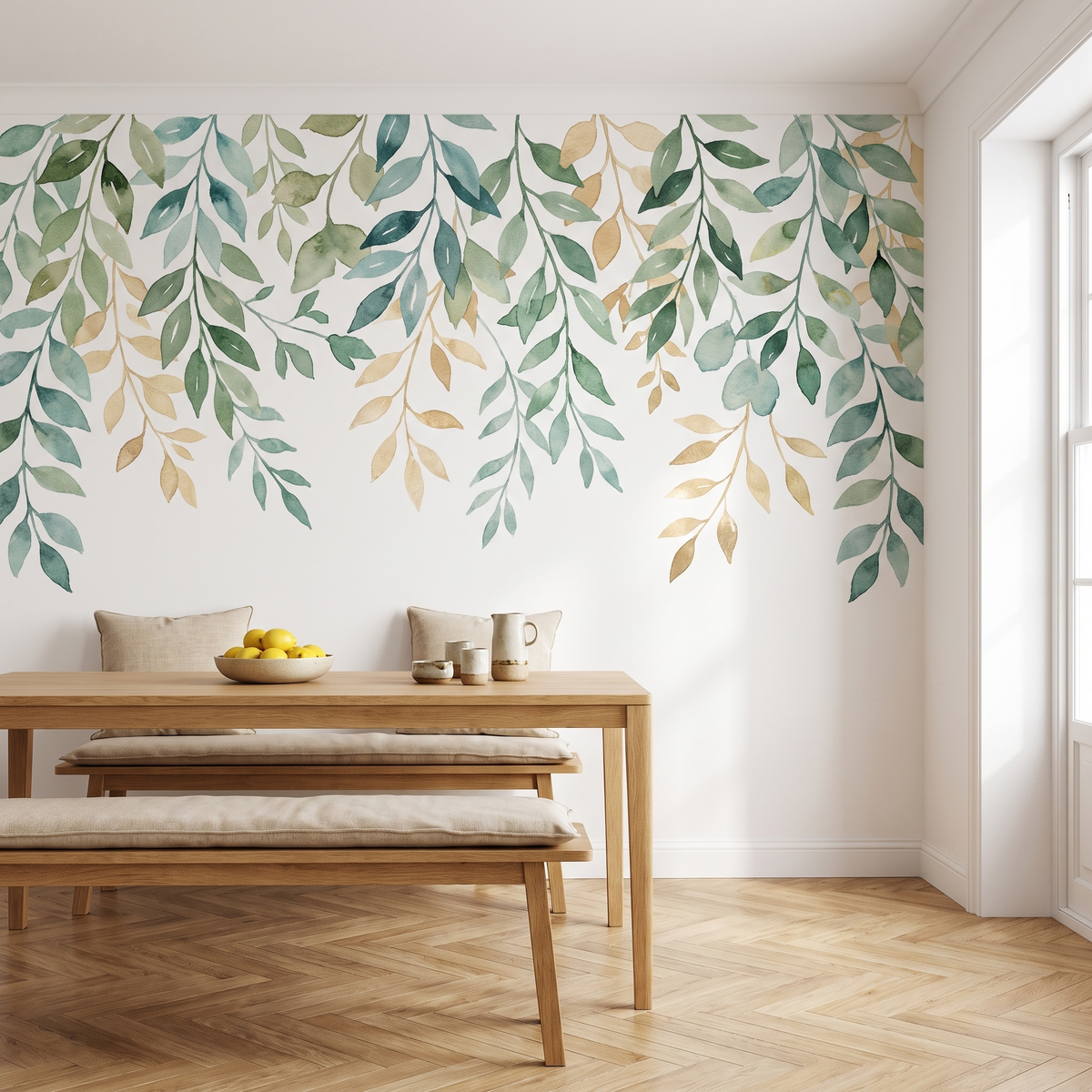 Papier peint panoramique Feuillage aquarelle, vert tendre posé du sol au plafond dans une cuisine