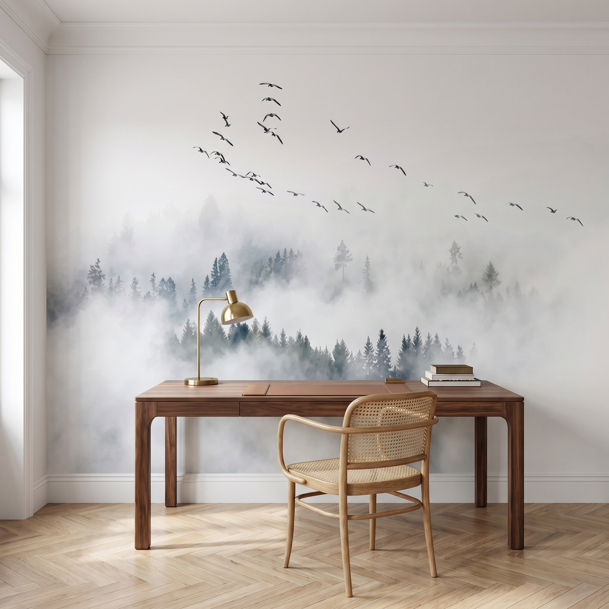 Papier peint panoramique Envol dans la brume, blanc posé du sol au plafond dans un bureau