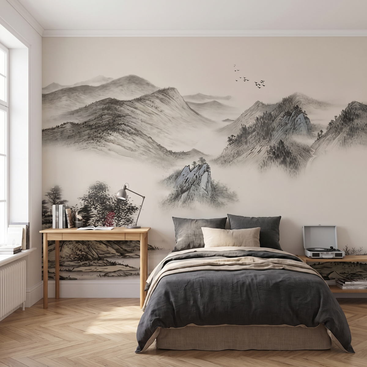 Papier peint panoramique Crêtes à l'encre, gris posé du sol au plafond dans une chambre d’ado