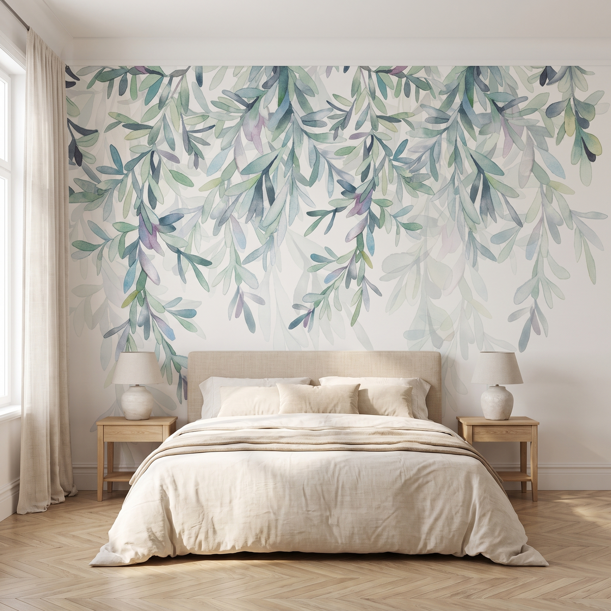 Papier peint panoramique Feuillage suspendu, vert sauge posé du sol au plafond dans une chambre