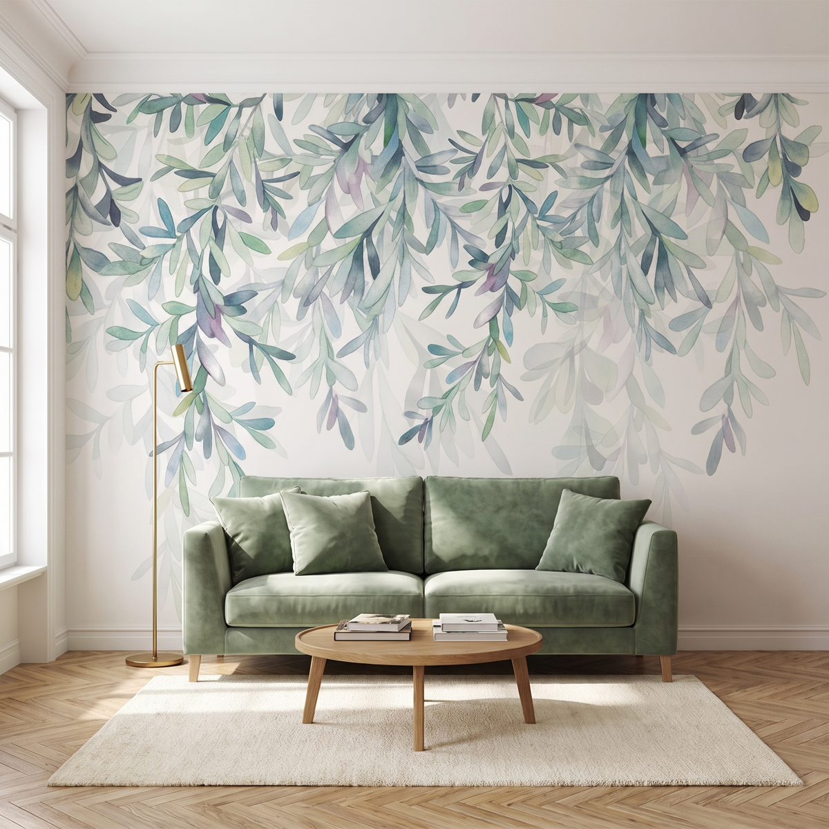 Papier peint panoramique Feuillage suspendu, vert sauge posé du sol au plafond dans un salon