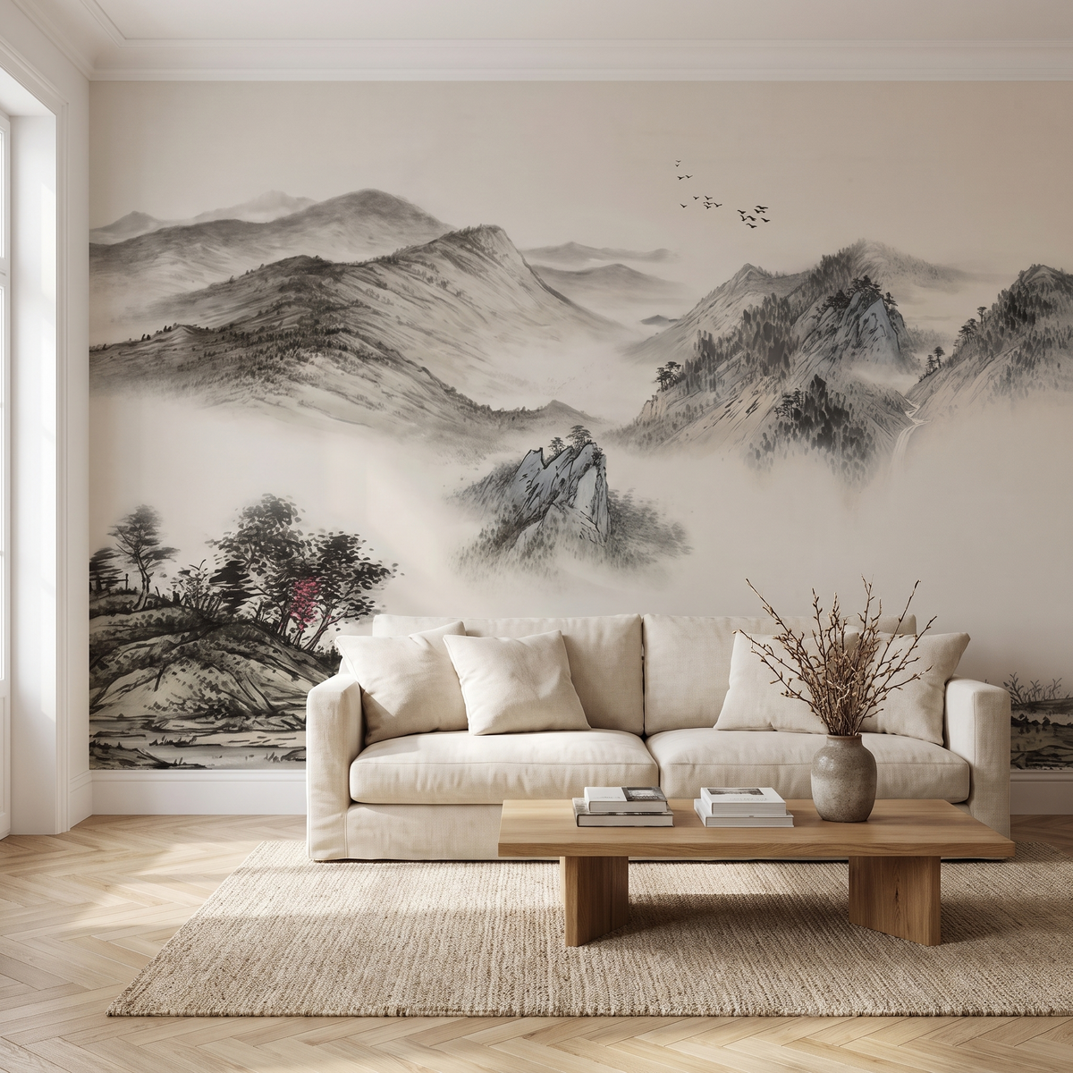 Papier peint panoramique Crêtes à l'encre, gris posé du sol au plafond dans un salon