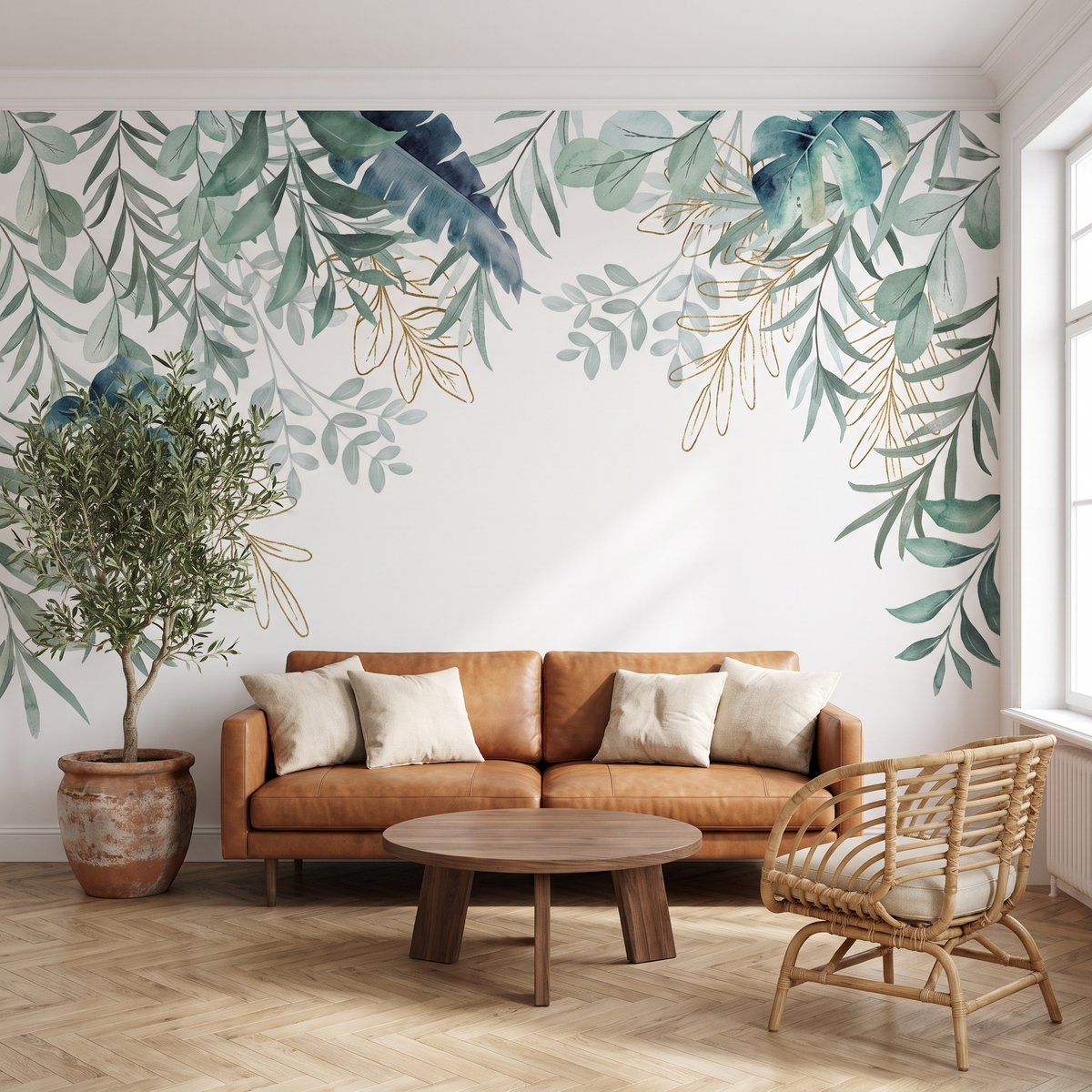 Papier peint panoramique Feuillage aquarelle, vert tendre posé du sol au plafond dans un salon
