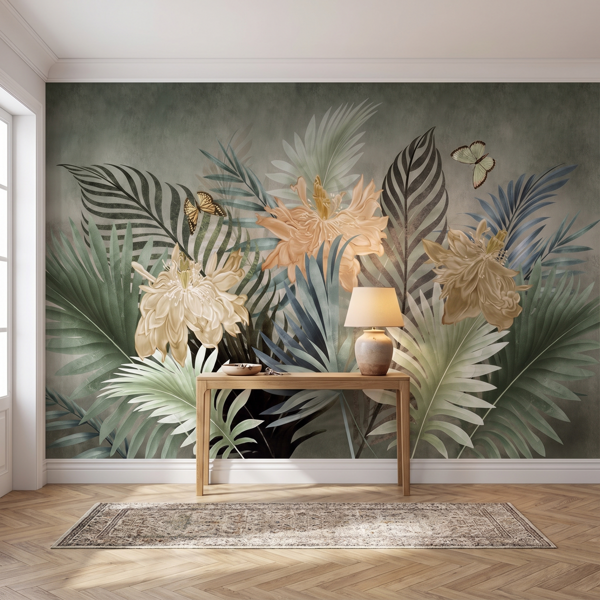 Papier peint panoramique Feuillage tropical, sauge et or posé du sol au plafond dans une entrée