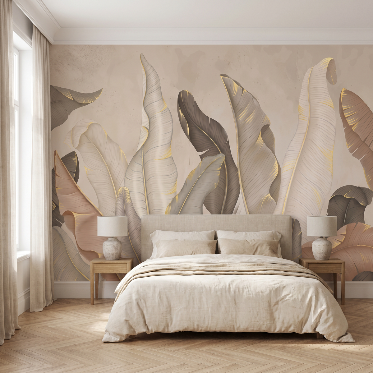 Papier peint panoramique Feuilles de bananier, terre rosée posé du sol au plafond dans une chambre
