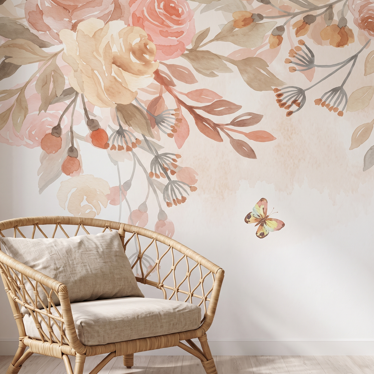 Détail du papier peint panoramique Fleurs pêche, crème, matière intissée mate