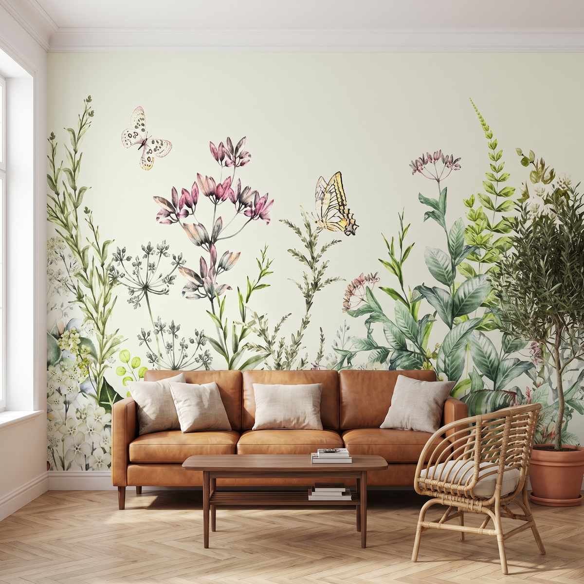 Papier peint panoramique Fleurs des prés, blanc posé du sol au plafond dans un salon