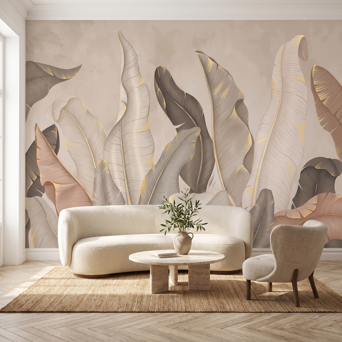Papier peint panoramique Feuilles de bananier, terre rosée posé du sol au plafond dans un salon