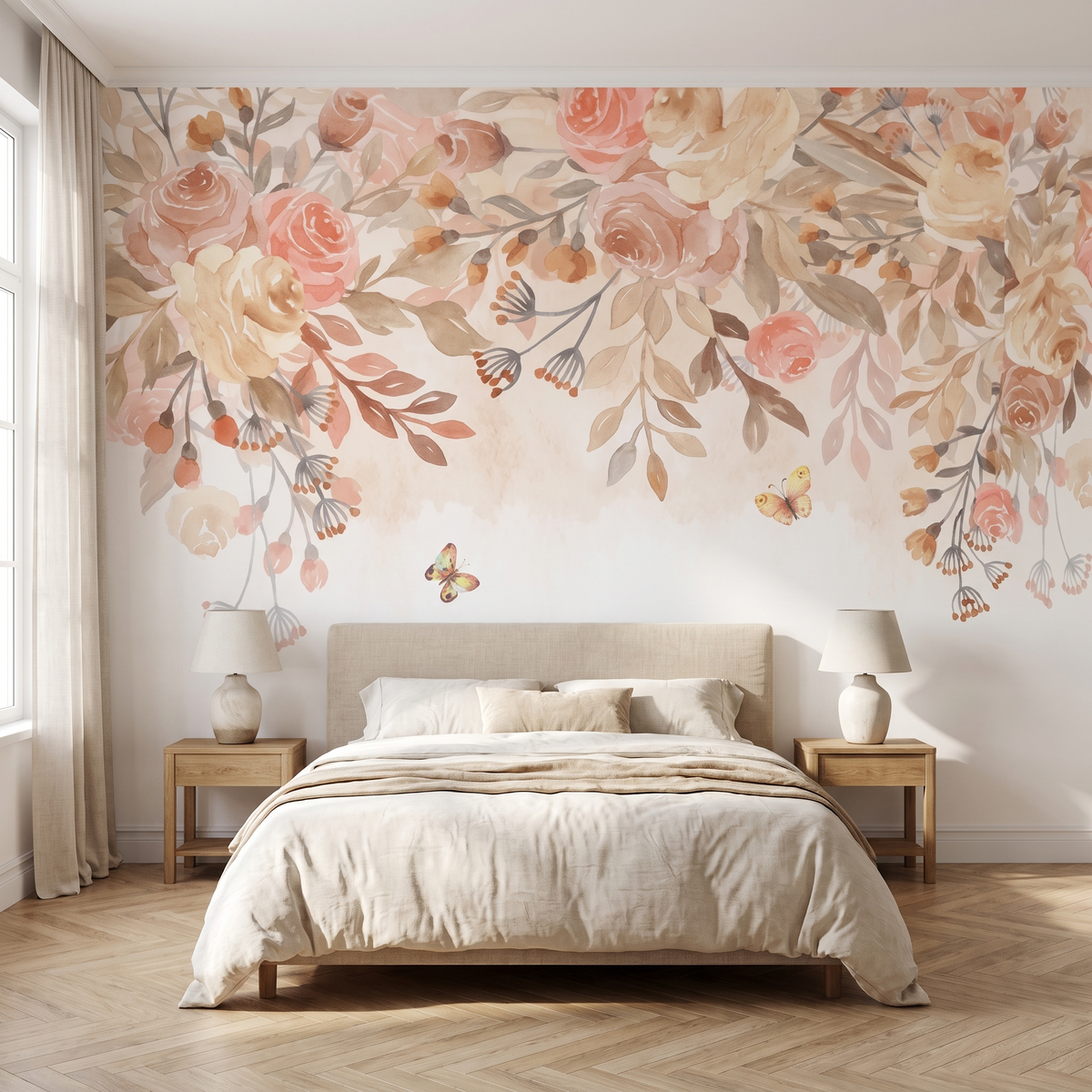 Papier peint panoramique Fleurs pêche, crème posé du sol au plafond dans une chambre