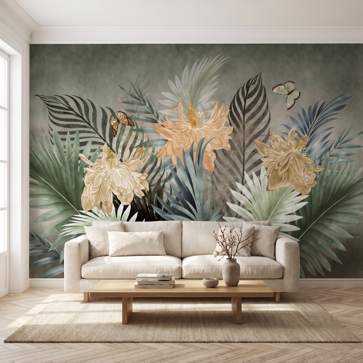 Papier peint panoramique Feuillage tropical, sauge et or posé du sol au plafond dans un salon
