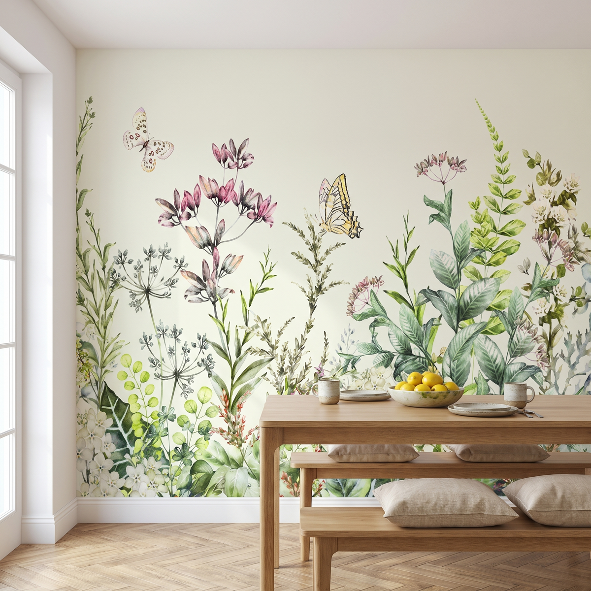 Papier peint panoramique Fleurs des prés, blanc posé du sol au plafond dans une cuisine