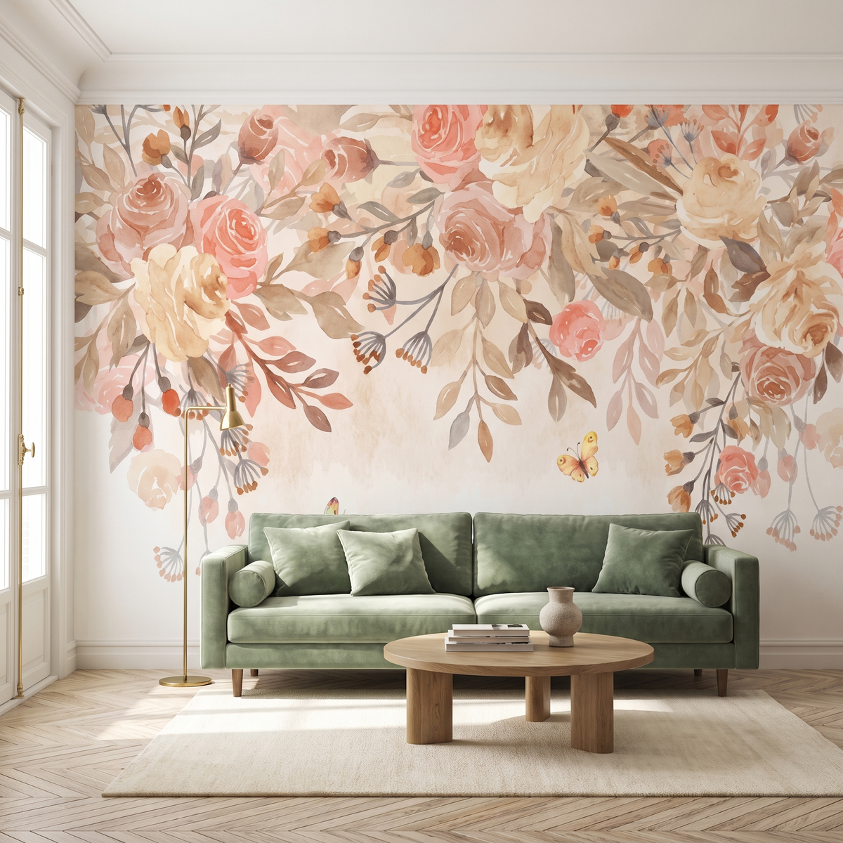 Papier peint panoramique Fleurs pêche, crème posé du sol au plafond dans un salon