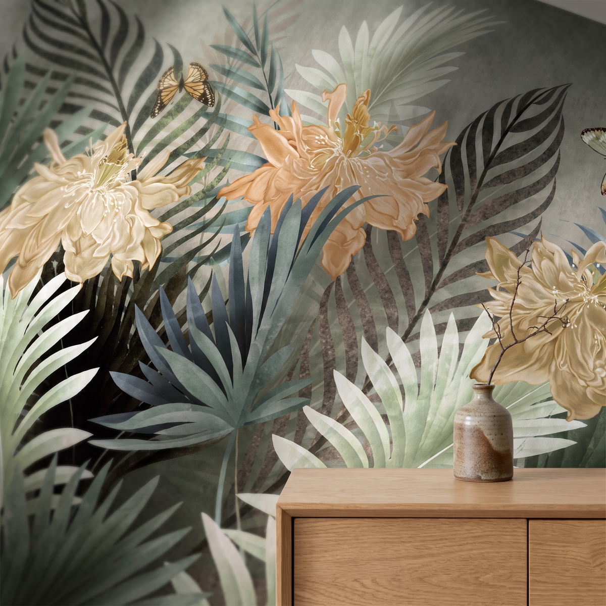 Détail du papier peint panoramique Feuillage tropical, sauge et or, matière intissée mate