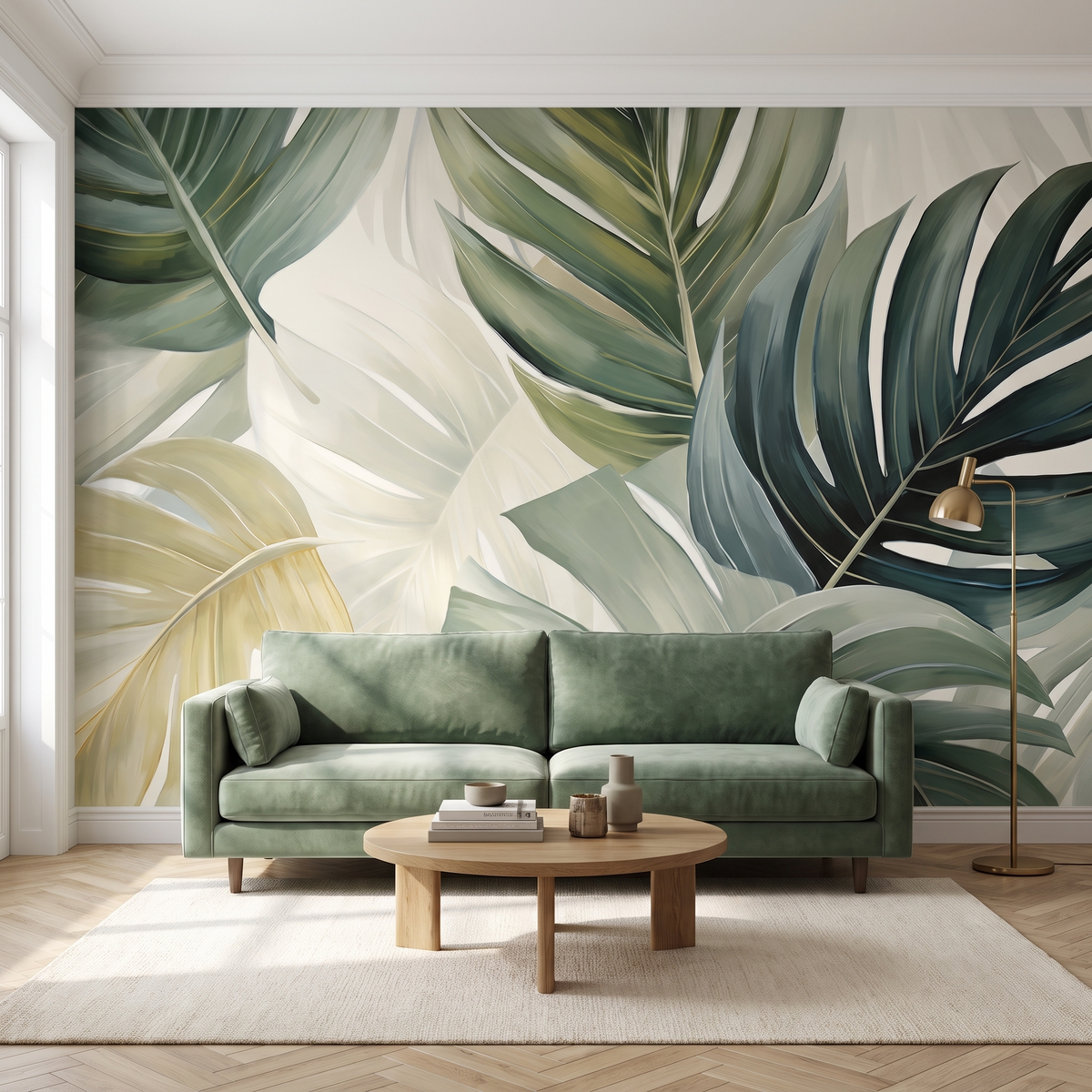 Papier peint panoramique Grandes feuilles, vert sauge posé du sol au plafond dans un salon