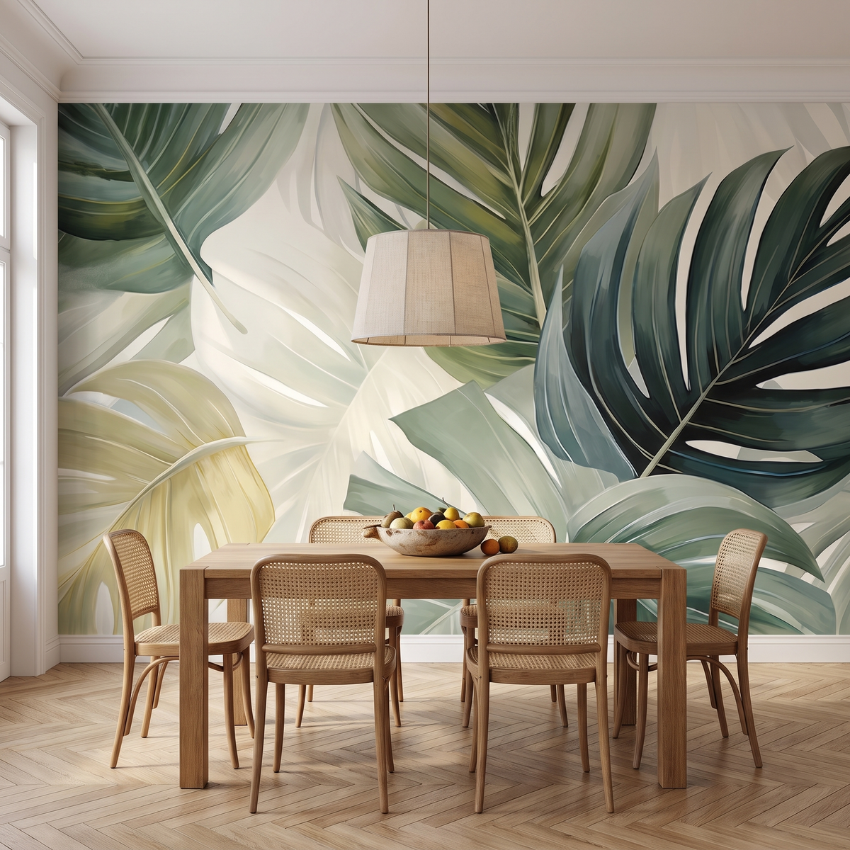 Papier peint panoramique Grandes feuilles, vert sauge posé du sol au plafond dans une salle à manger