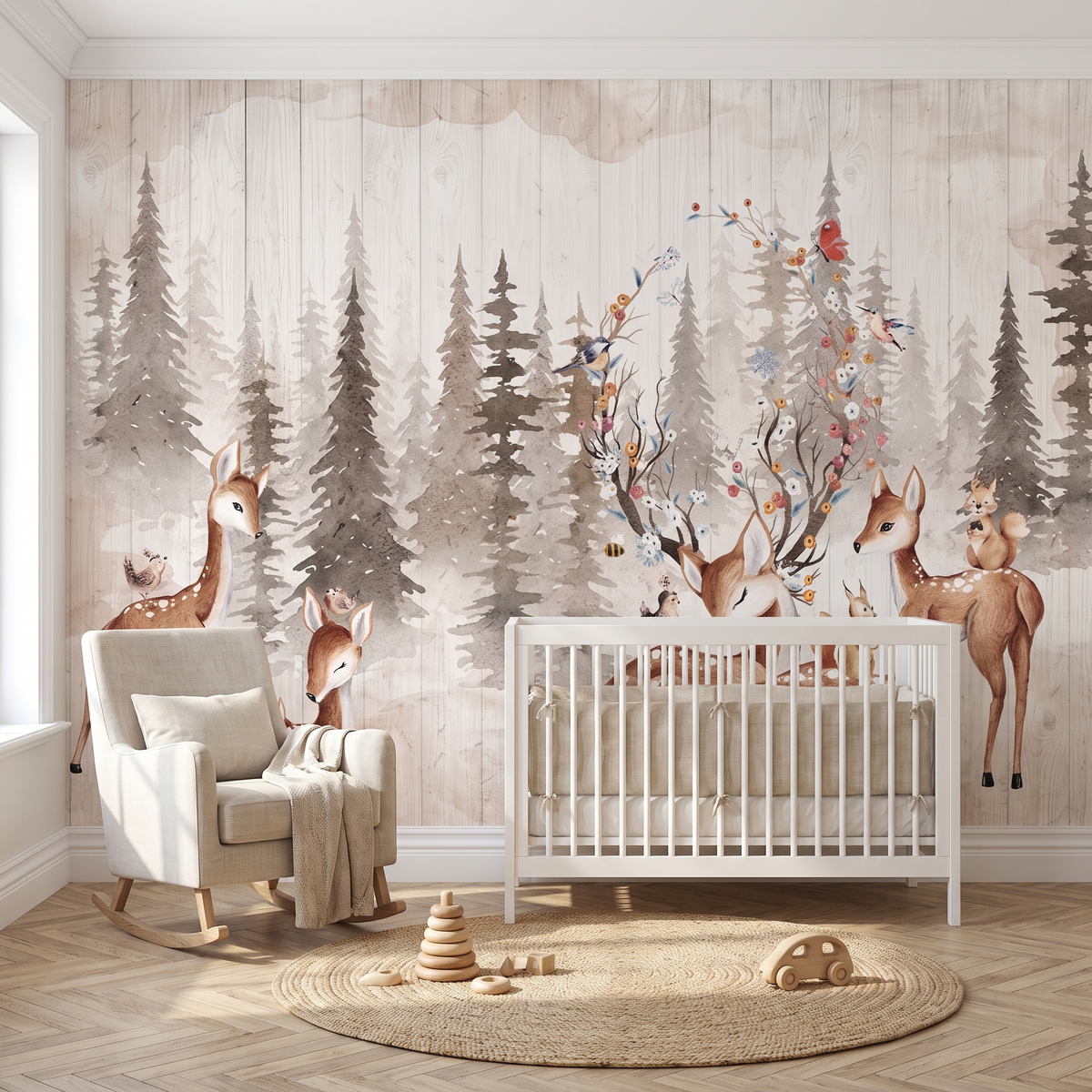 Papier peint panoramique Forêt aux cerfs, beige posé du sol au plafond dans une chambre de bébé