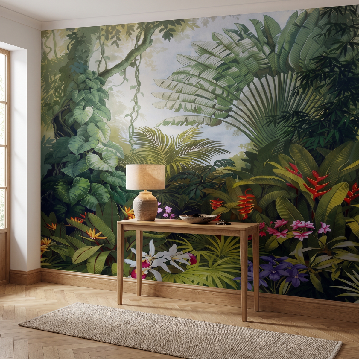 Papier peint panoramique Forêt tropicale ancienne, vert profond posé du sol au plafond dans une entrée