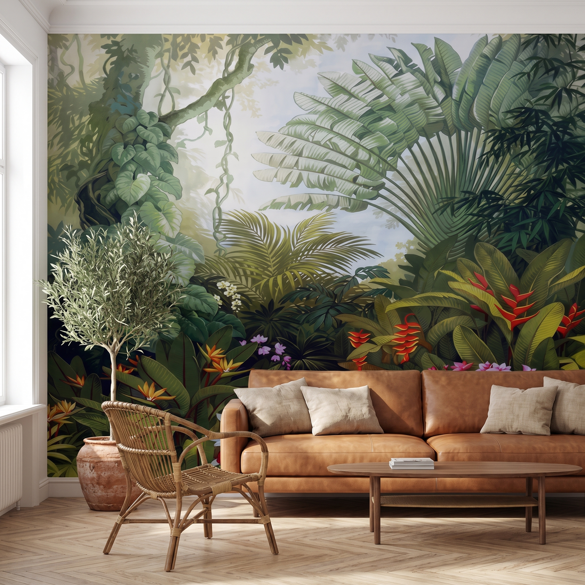 Papier peint panoramique Forêt tropicale ancienne, vert profond posé du sol au plafond dans un salon
