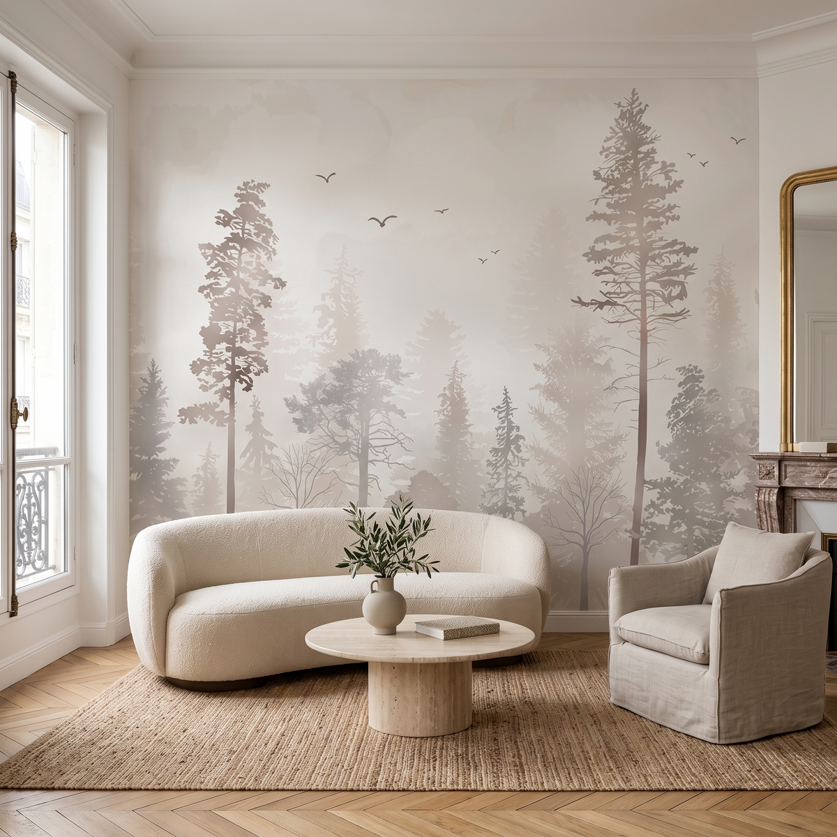 Papier peint panoramique Forêt dans la brume, gris posé du sol au plafond dans un salon