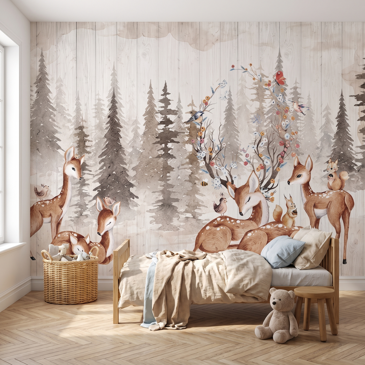 Papier peint panoramique Forêt aux cerfs, beige posé du sol au plafond dans une chambre d’enfant
