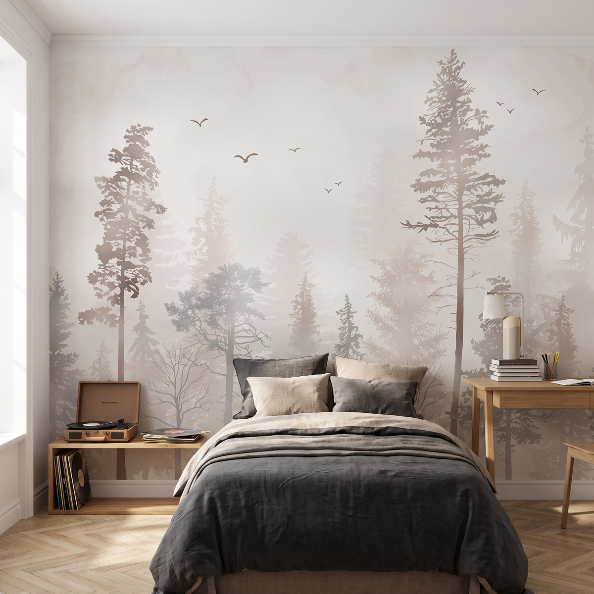 Papier peint panoramique Forêt dans la brume, gris posé du sol au plafond dans une chambre d’ado